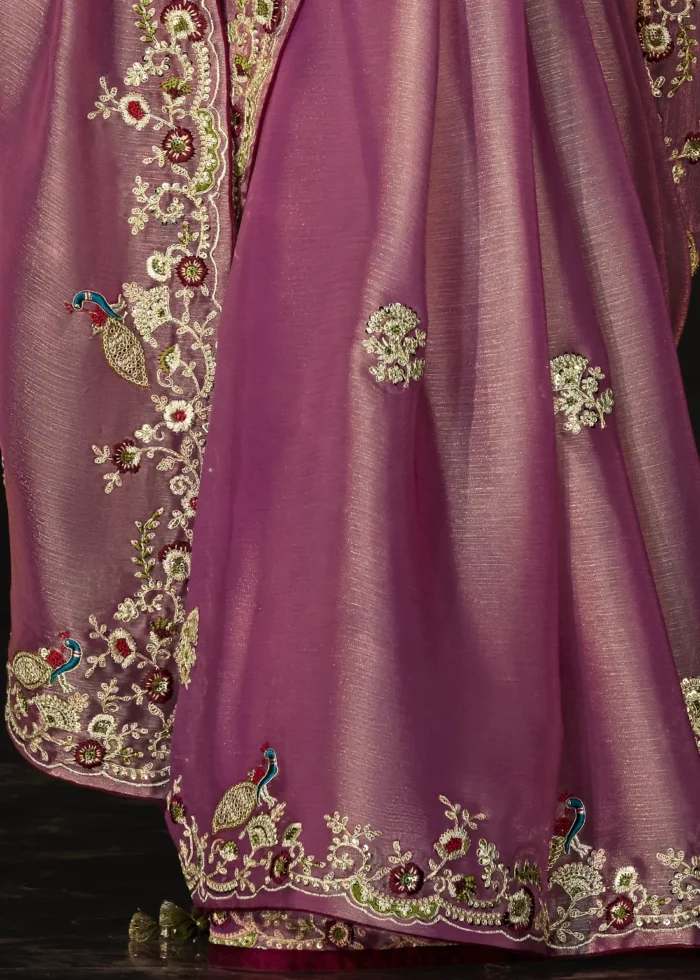 Rose Pink Embroidered Silk Saree with Embroidered Blouse