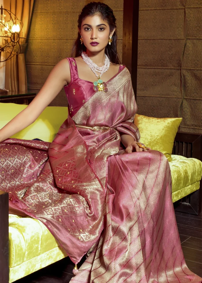 Rose Pink Kanjivaram Satin Silk Saree with Pearl Work