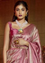 Rose Pink Kanjivaram Satin Silk Saree with Pearl Work