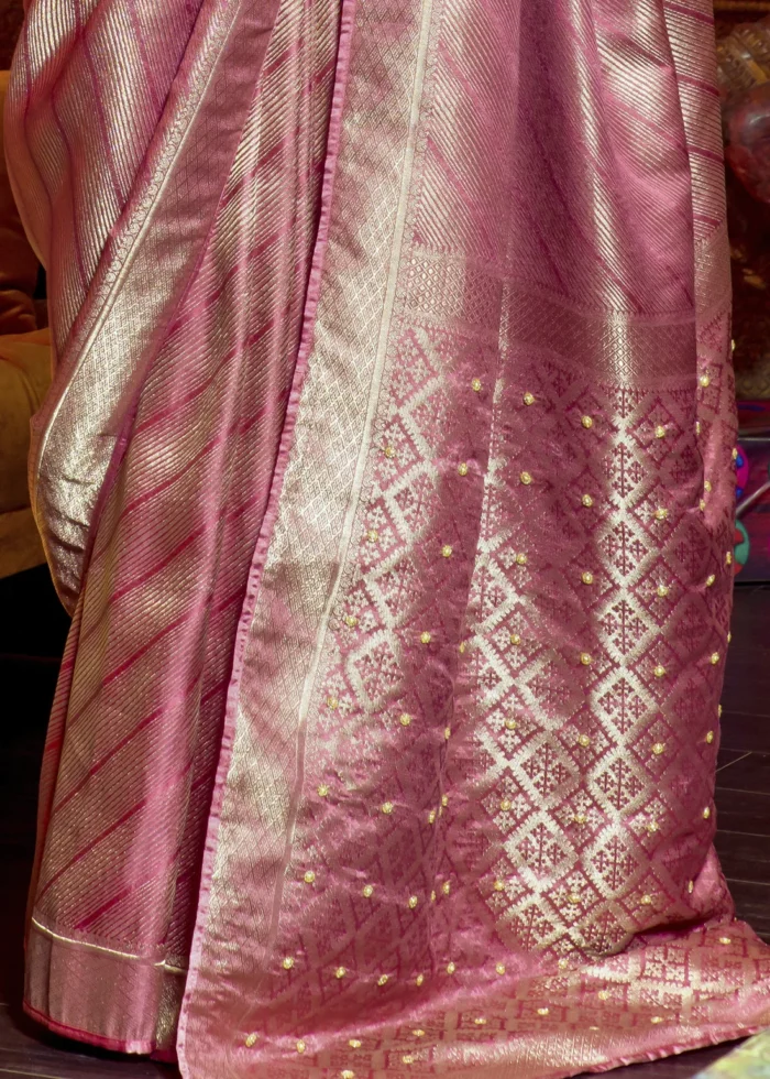 Rose Pink Kanjivaram Satin Silk Saree with Pearl Work