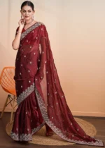 Ruby Red Embroidered Chiffon Saree with Stone Work