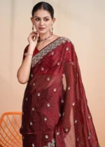 Ruby Red Embroidered Chiffon Saree with Stone Work