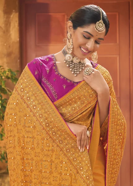 Saffron Yellow Embroidered Saree with Kacchi Work