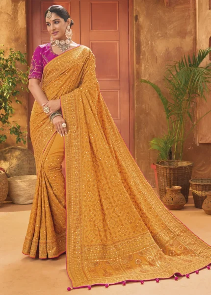 Saffron Yellow Embroidered Saree with Kacchi Work