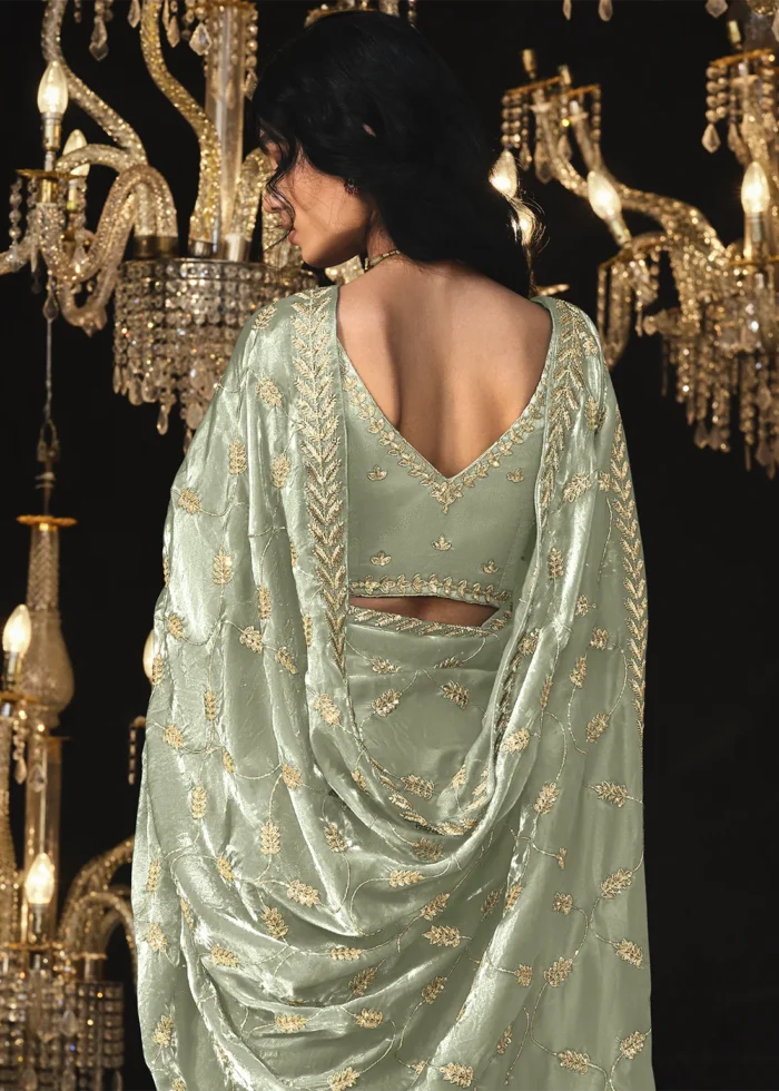 Sage Green Embroidered Tissue Silk Saree