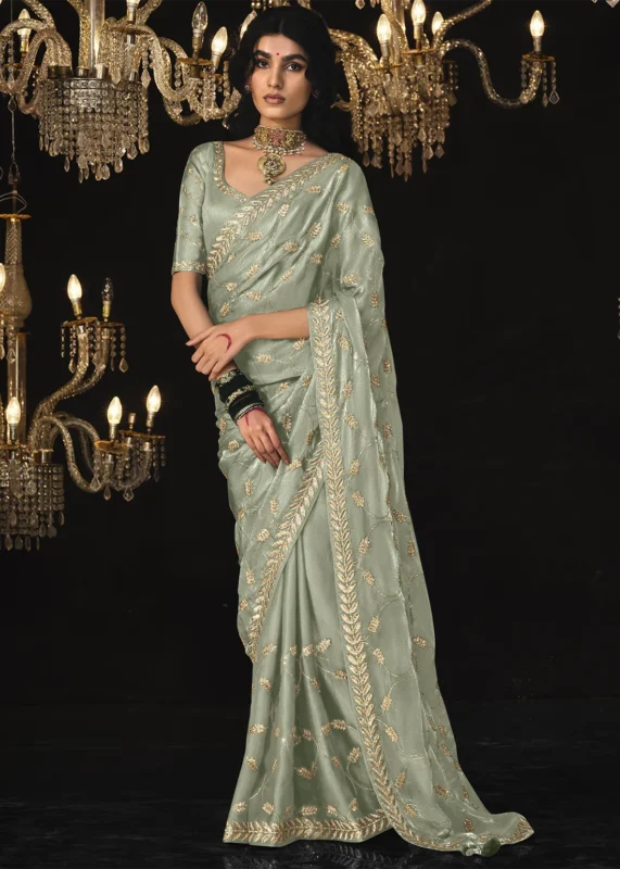 Sage Green Embroidered Tissue Silk Saree