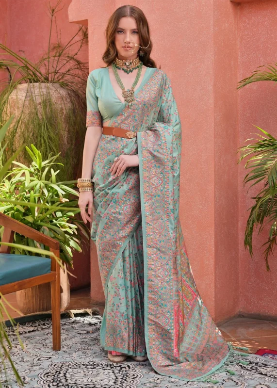 Sage Green Kashmiri Jamawar Pashmina Saree