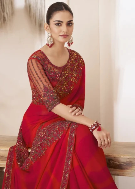 Scarlet Red Embroidered Chiffon Saree