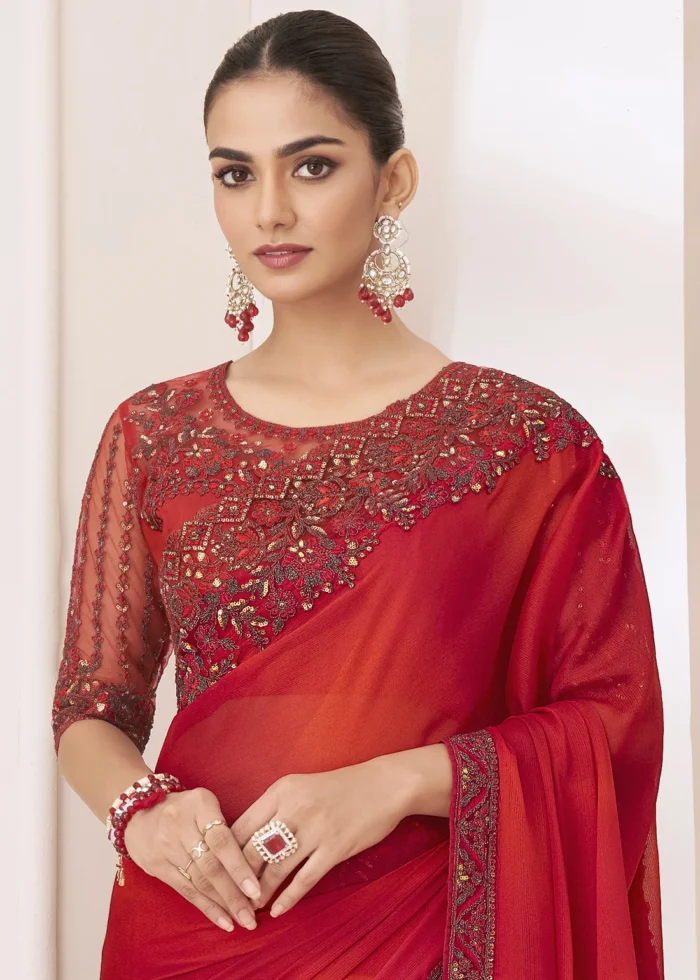 Scarlet Red Embroidered Chiffon Saree