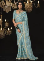 Sky Blue Embroidered Tissue Silk Saree