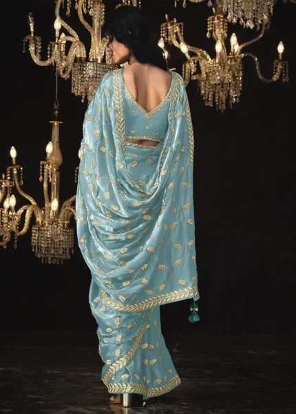 Sky Blue Embroidered Tissue Silk Saree