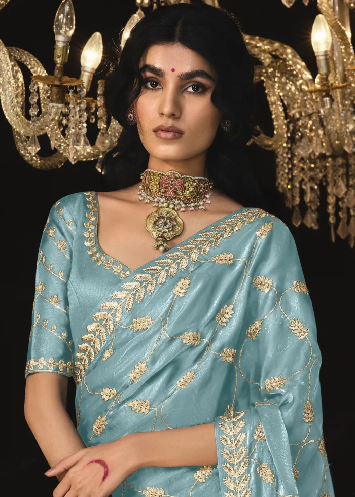 Sky Blue Embroidered Tissue Silk Saree