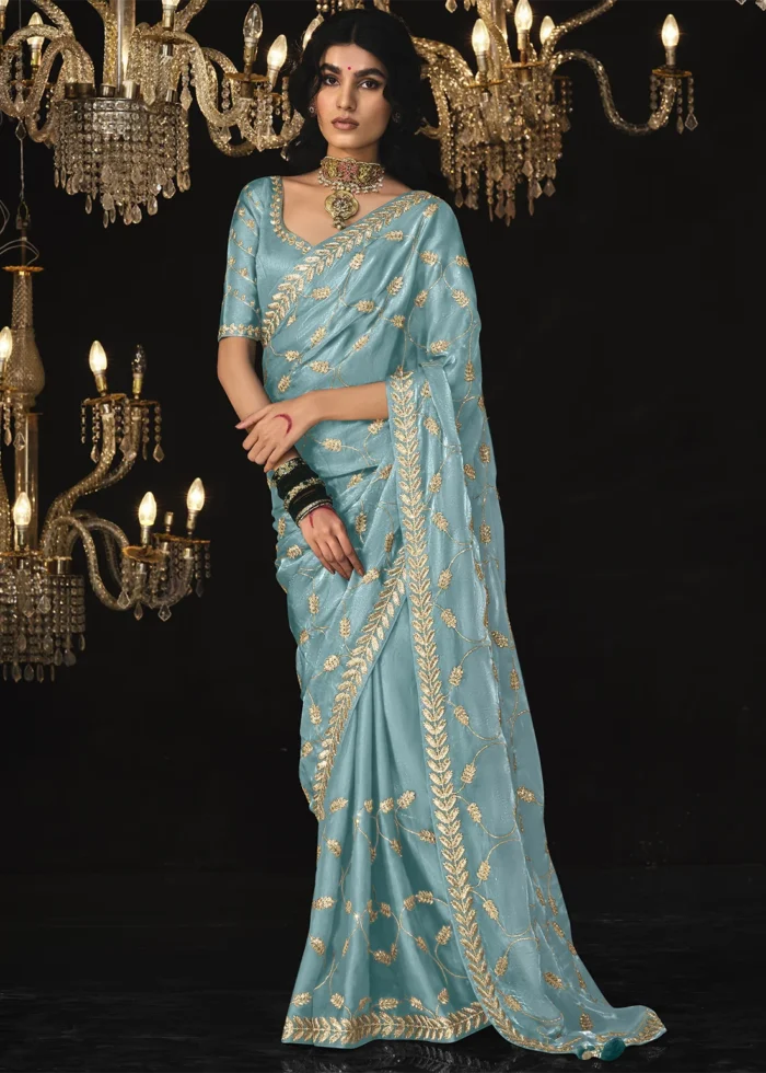 Sky Blue Embroidered Tissue Silk Saree