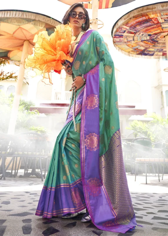 Teal Banarasi Silk Saree with Purple Blouse