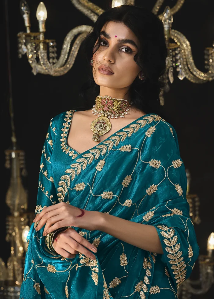 Teal Blue Embroidered Tissue Silk Saree