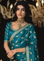 Teal Blue Embroidered Tissue Silk Saree