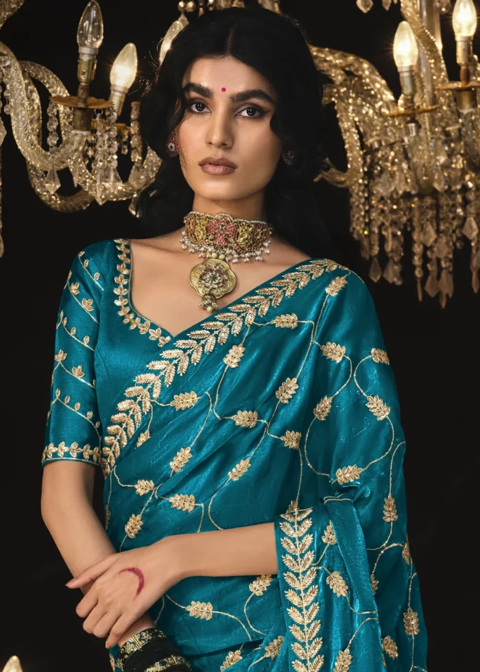 Teal Blue Embroidered Tissue Silk Saree