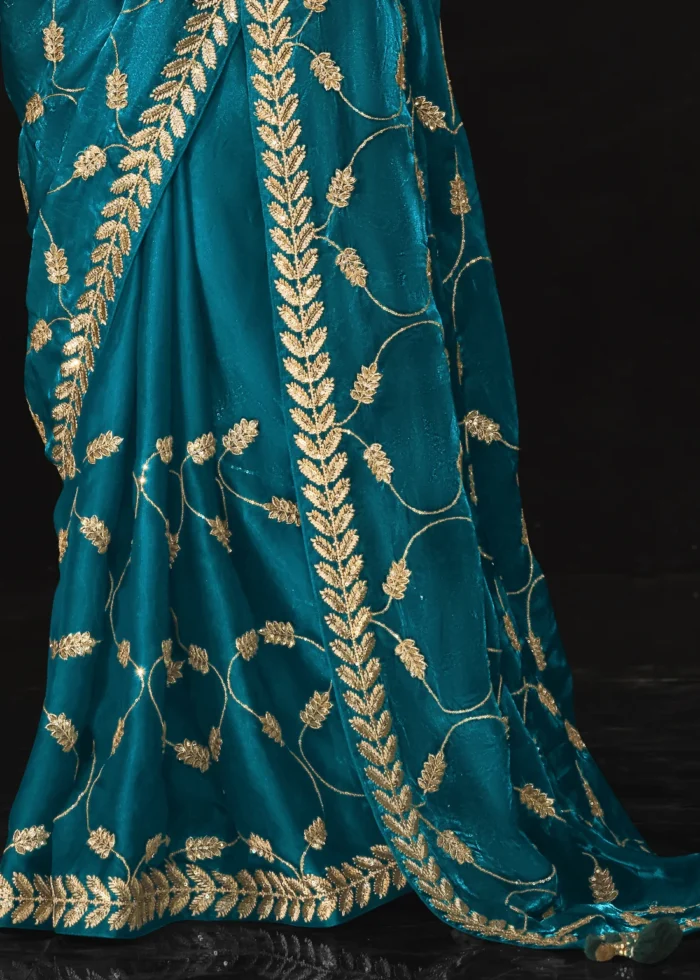 Teal Blue Embroidered Tissue Silk Saree