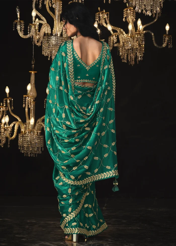 Teal Embroidered Tissue Silk Saree with Embroidered Blouse