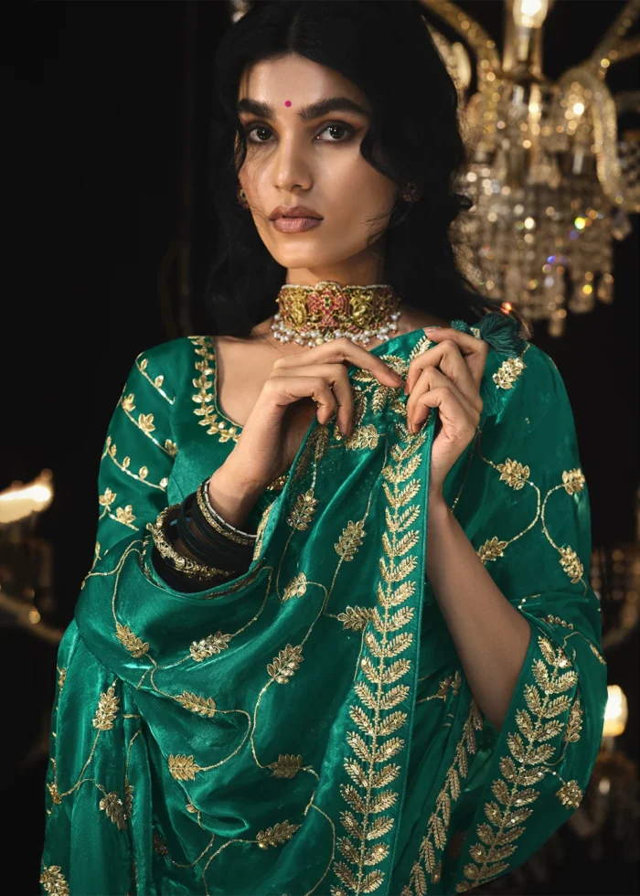 Teal Embroidered Tissue Silk Saree with Embroidered Blouse