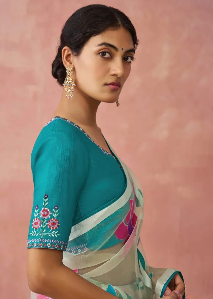 Teal Woven Organza Brasso Saree