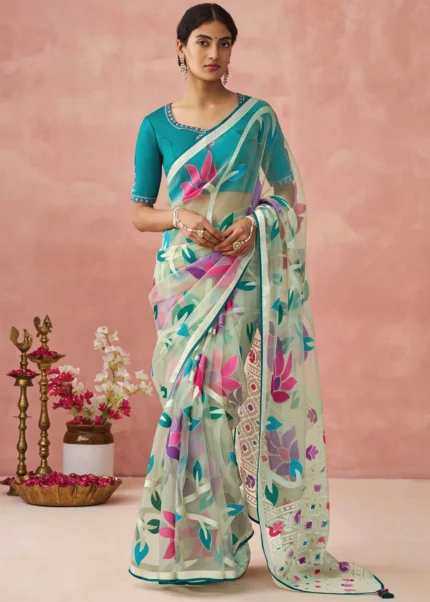 Teal Woven Organza Brasso Saree