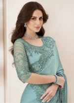 Turquoise Embroidered Georgette Saree