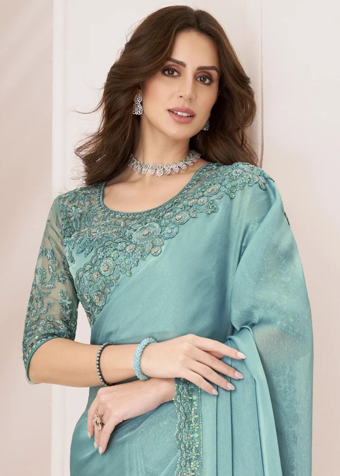 Turquoise Embroidered Georgette Saree