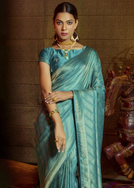 Turquoise Kanjivaram Satin Silk Saree with Pearl Work