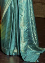 Turquoise Kanjivaram Satin Silk Saree with Pearl Work