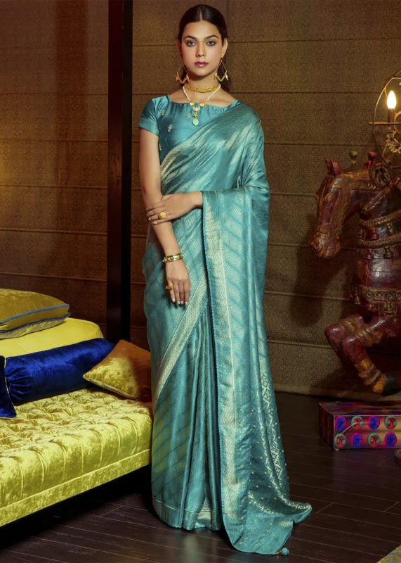 Turquoise Kanjivaram Satin Silk Saree with Pearl Work