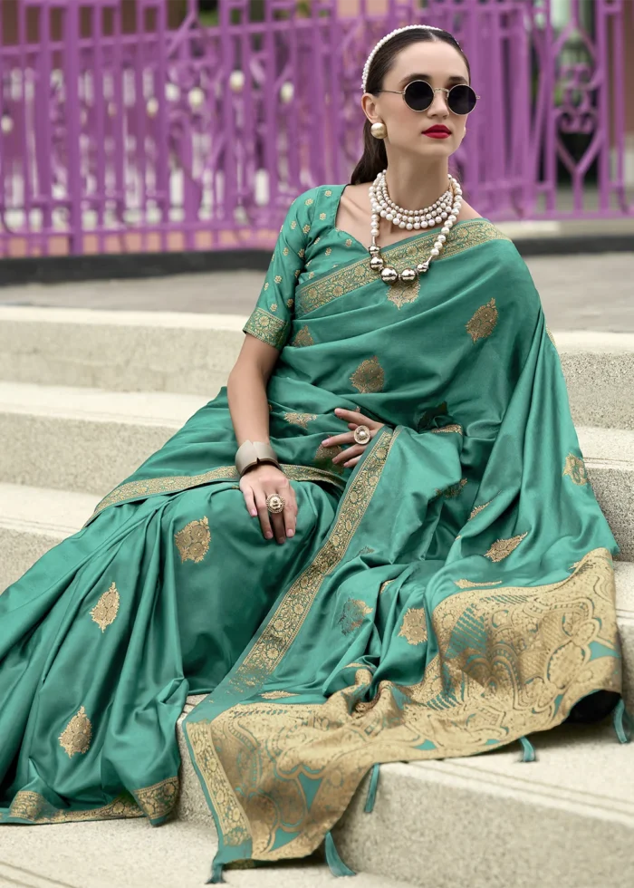 Viridian Green Banarasi Satin Silk Saree