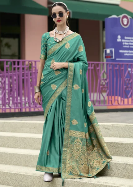 Viridian Green Banarasi Satin Silk Saree