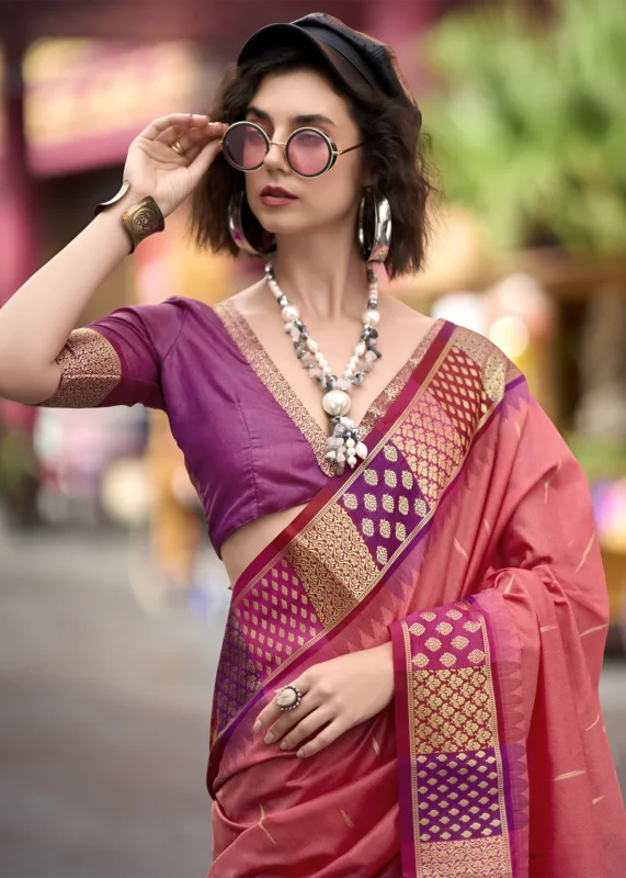 Watermelon Pink Banarasi Silk Saree