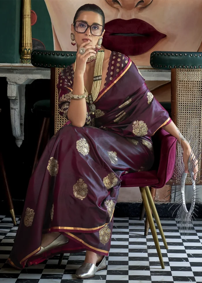 Wine Banarasi Satin Saree with Brocade Blouse