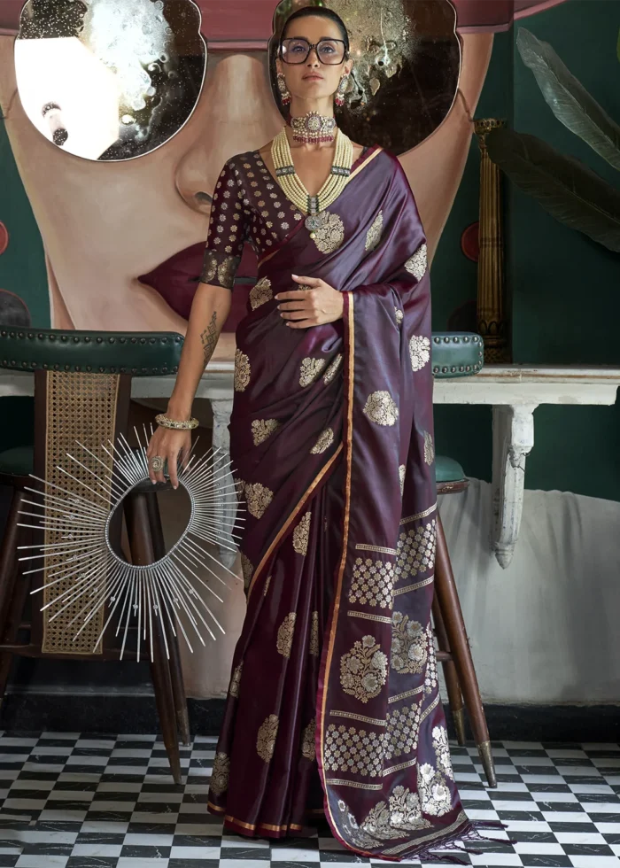 Wine Banarasi Satin Saree with Brocade Blouse