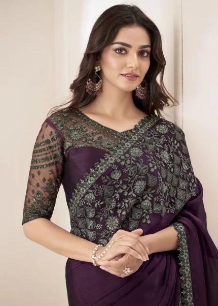 Wine Embroidered Chiffon Saree