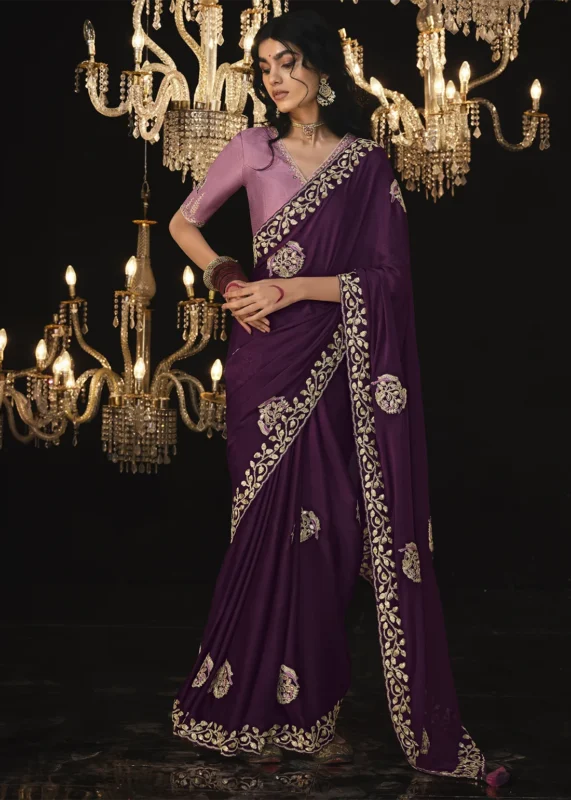 Wine Embroidered Silk Saree with Embroidered Blouse