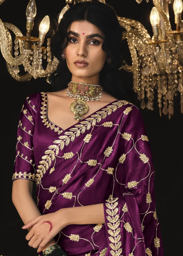 Wine Embroidered Tissue Silk Saree