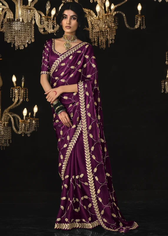 Wine Embroidered Tissue Silk Saree