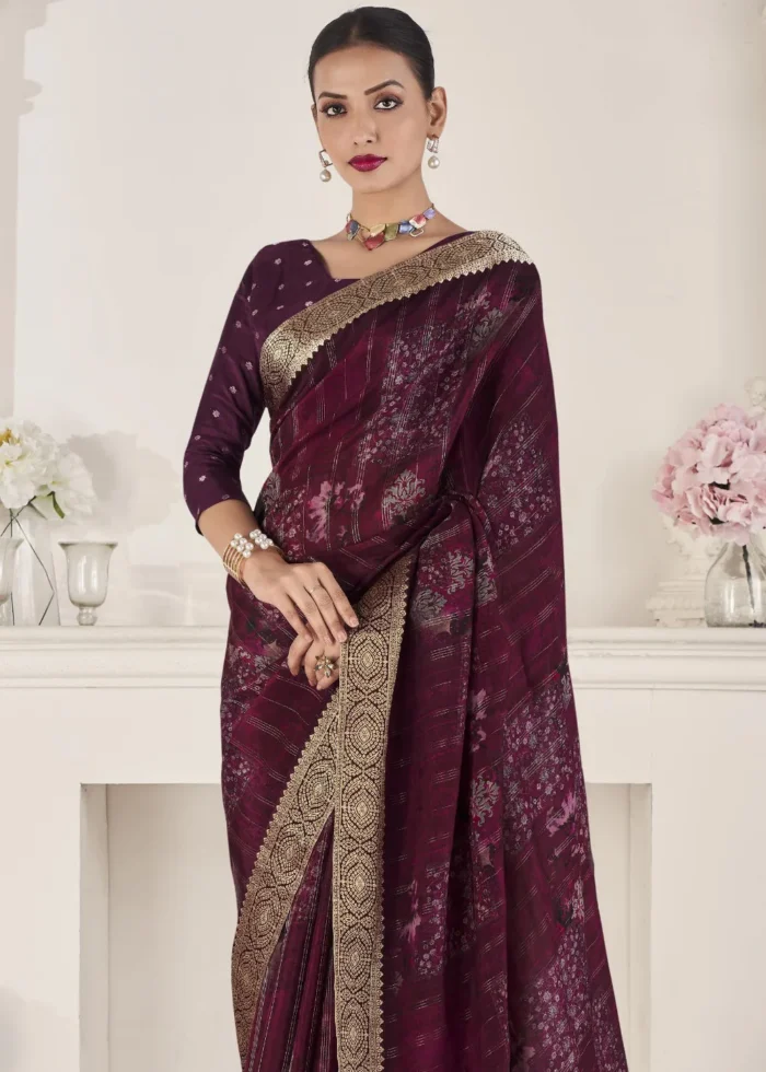 Wine Printed Silk Saree