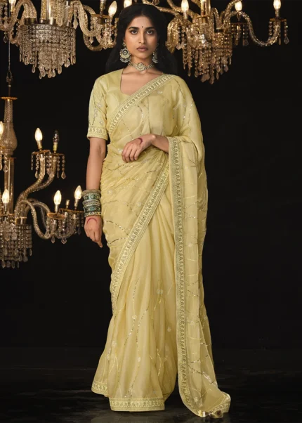 Yellow Embroidered Silk Saree with Embroidered Blouse