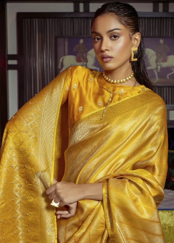 Yellow Kanjivaram Satin Silk Saree with Pearl Work