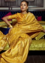 Yellow Kanjivaram Satin Silk Saree with Pearl Work