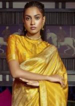 Yellow Kanjivaram Satin Silk Saree with Pearl Work