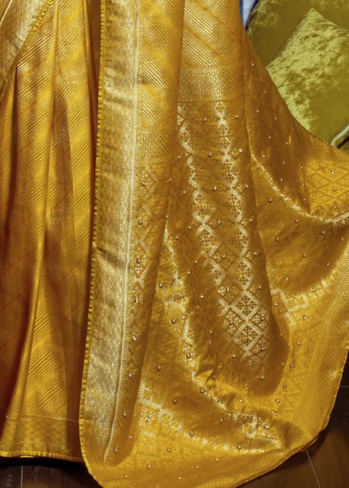 Yellow Kanjivaram Satin Silk Saree with Pearl Work