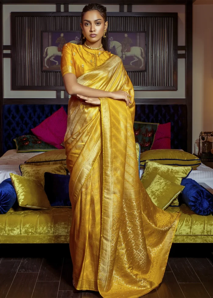 Yellow Kanjivaram Satin Silk Saree with Pearl Work