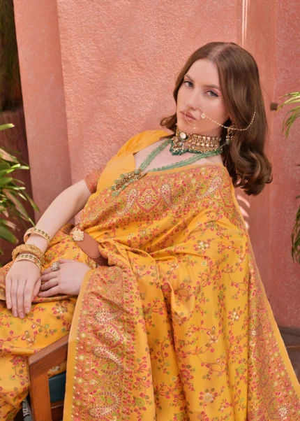 Yellow Kashmiri Jamawar Pashmina Saree