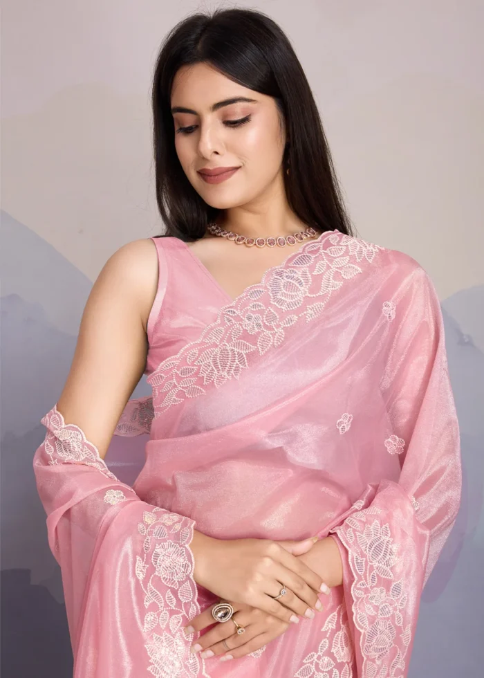 Baby Pink Embroidered Net Scalloped Saree