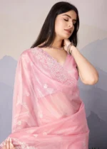 Baby Pink Embroidered Net Scalloped Saree